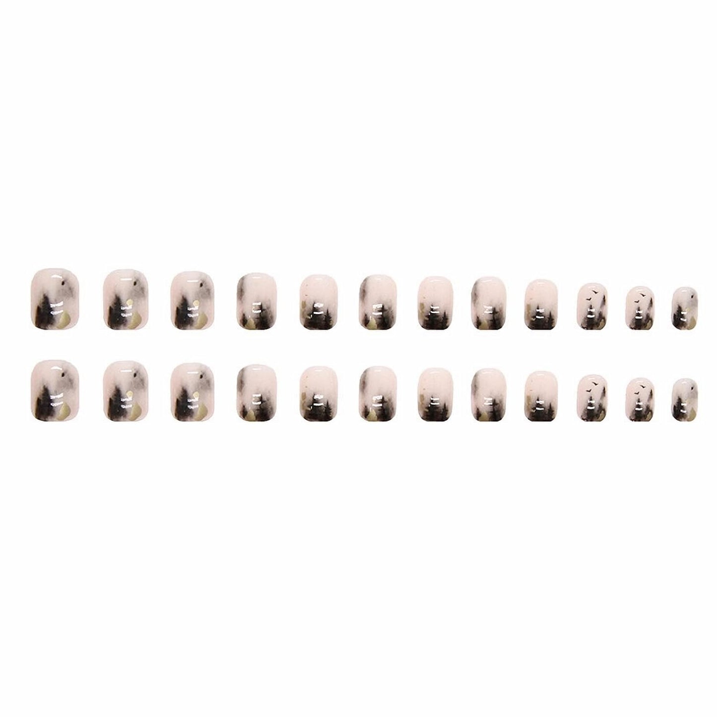 Press on Nails - Short Square Glue on Nails with Black Ink, Acrylic Gold Foil Design 24 Pcs