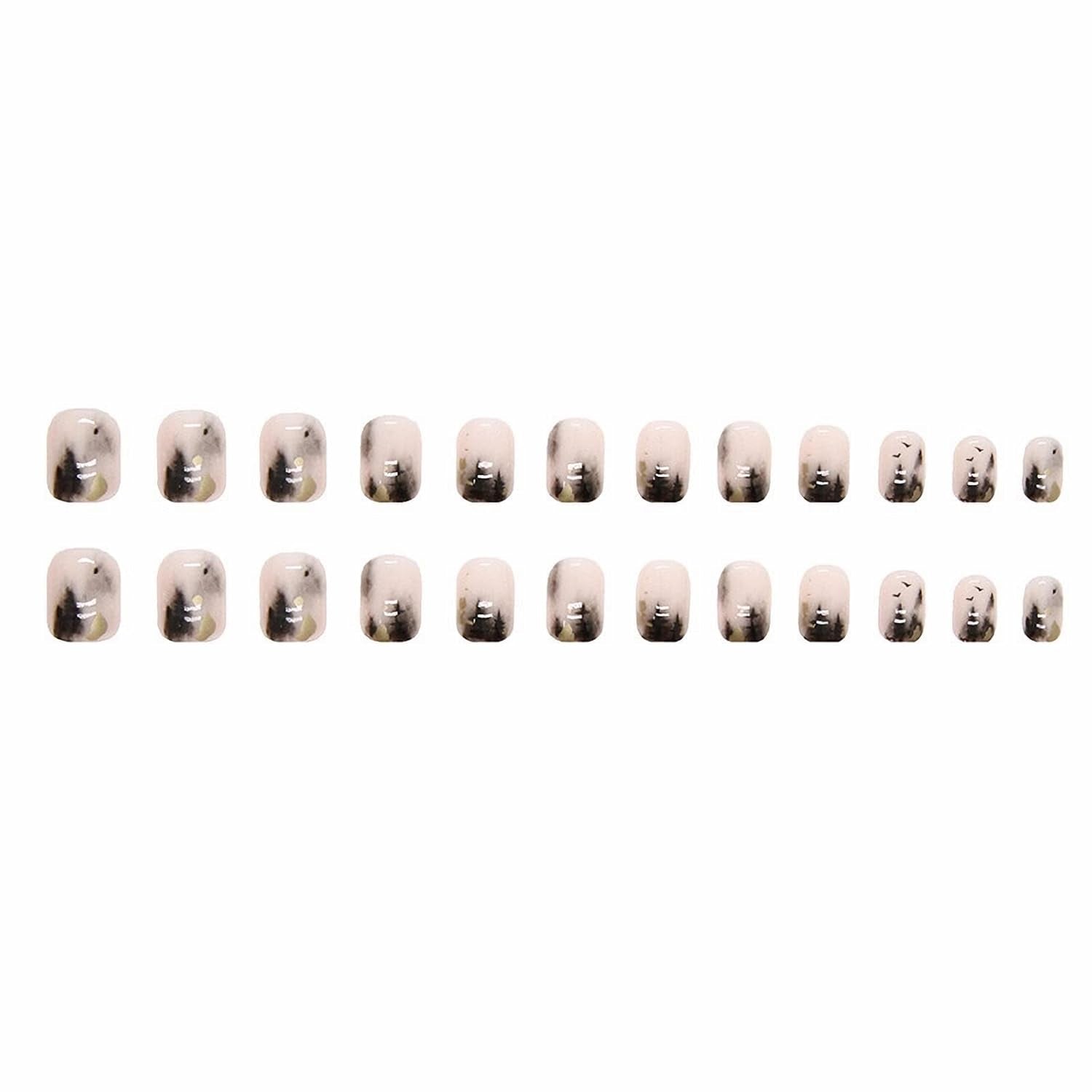 Press on Nails - Short Square Glue on Nails with Black Ink, Acrylic Gold Foil Design 24 Pcs