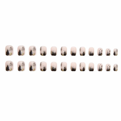 Press on Nails - Short Square Glue on Nails with Black Ink, Acrylic Gold Foil Design 24 Pcs