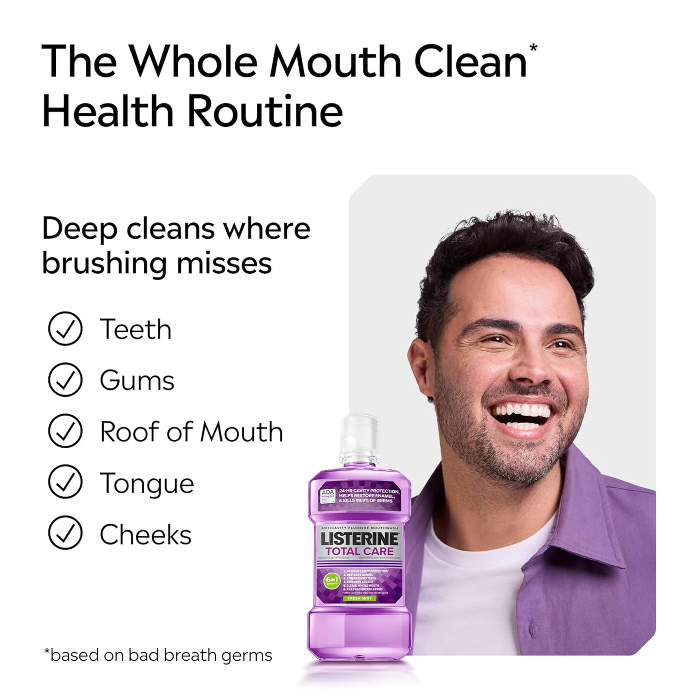 Total Care Anticavity Fluoride Mouthwash, 6-In-1 Rinse Helps Kill 99% of Bad Breath Germs, Prevents Cavities, Strengthens Teeth, Bad Breath Treatment for Adults, Fresh Mint, Twin Pack, 2X1 L