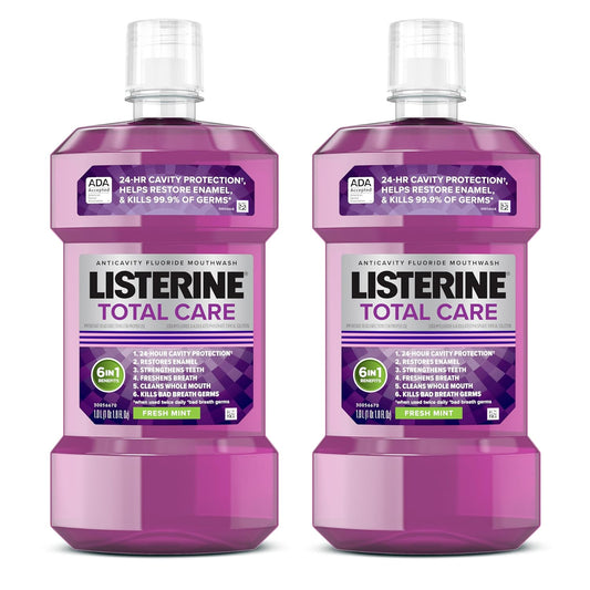 Total Care Anticavity Fluoride Mouthwash, 6-In-1 Rinse Helps Kill 99% of Bad Breath Germs, Prevents Cavities, Strengthens Teeth, Bad Breath Treatment for Adults, Fresh Mint, Twin Pack, 2X1 L