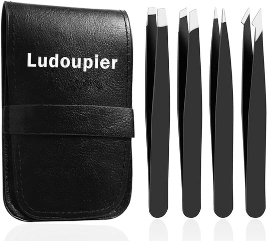 [4+1 Pieces] Tweezers Set with Travel Case, Great Precision Upgrade Professional Anti-Rust Alloy Tweezers for Women & Men Multi-Purpose as Eyebrows Facial Hair Ingrown Hair Removal